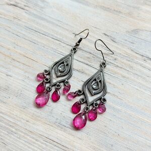 Vintage Y2K Fuchsia Pink Chandelier Earrings Silver Whimsigoth Boho Dangle